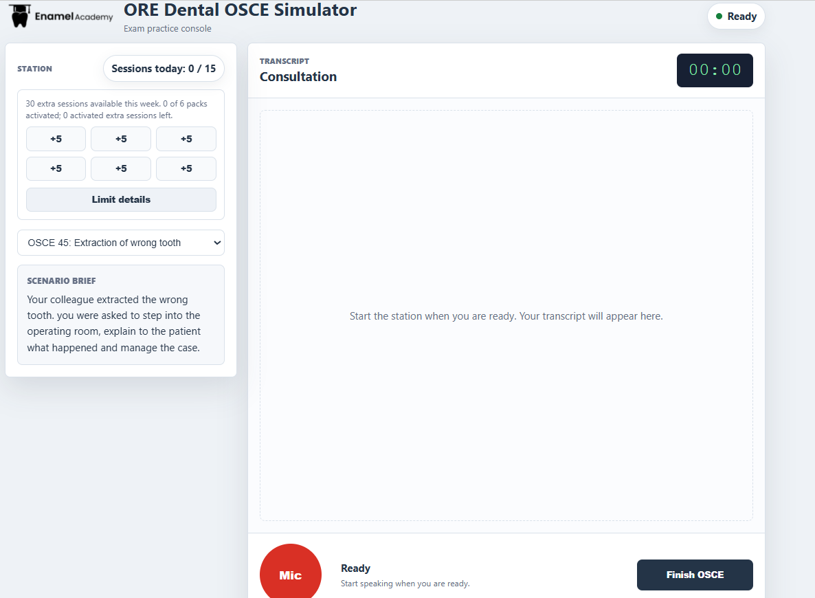 ORE Dental OSCE Simulator console showing a station brief, transcript panel, timer and microphone controls.